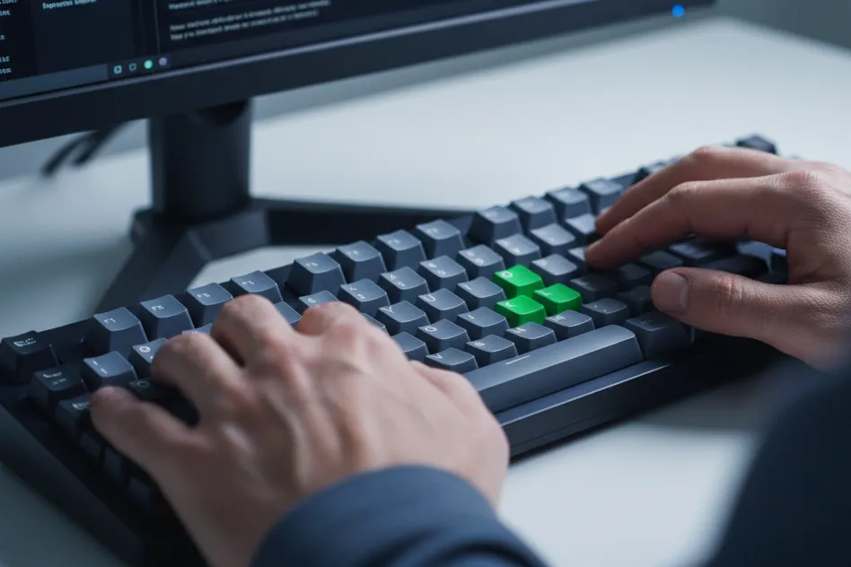Close crop of hands on a mechanical keyboard in front of a dark terminal, indigo glow, one green key cap.