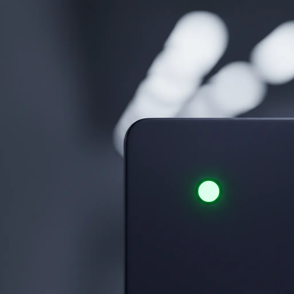 A single green power light on a dark panel.