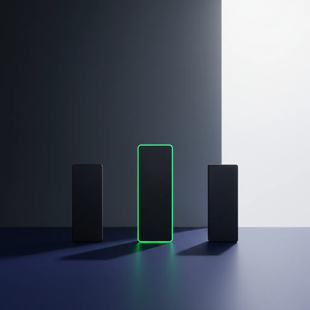 Three dark tiles of increasing height on indigo, the middle one edged in green.