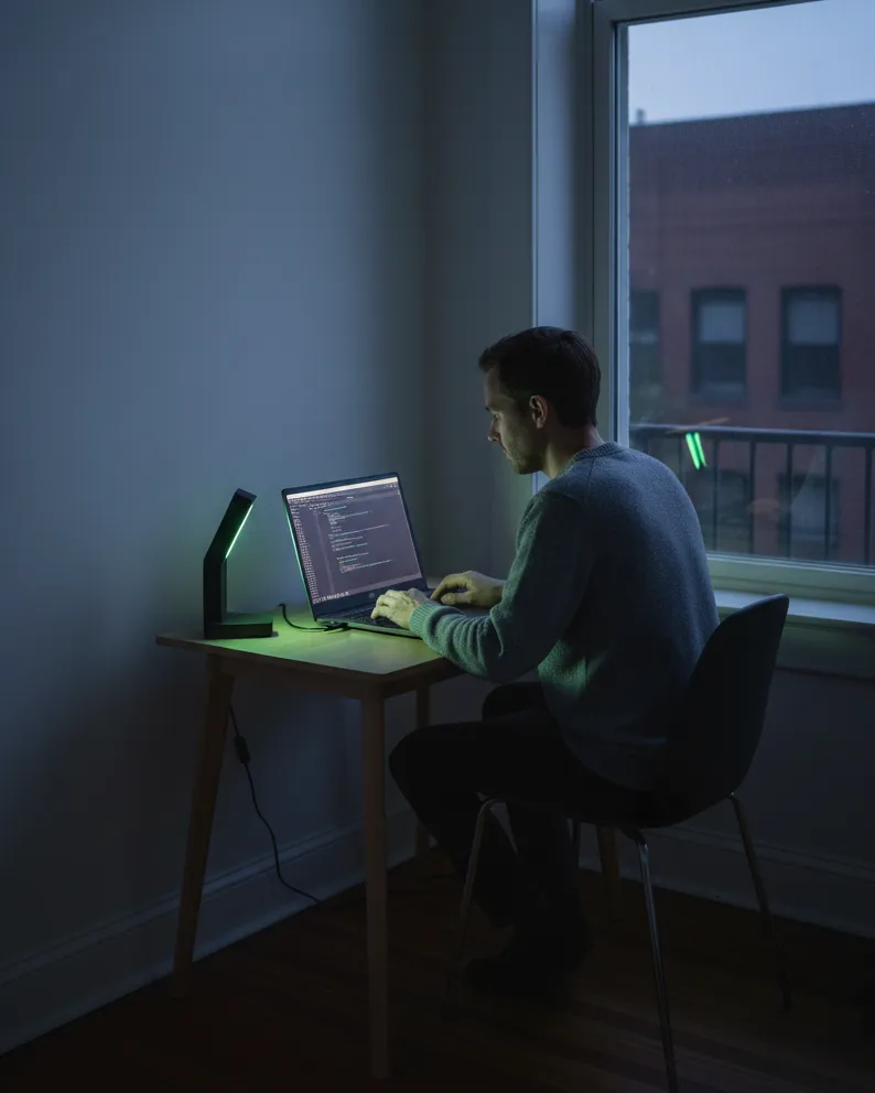 A builder at a small desk by a window, typing on a laptop with a terminal open, indigo evening light and a single green desk lamp.