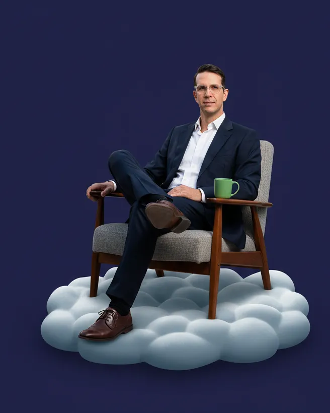 Mike Kwal sitting in an armchair on a small cartoon cloud, smiling, indigo background with one green accent.
