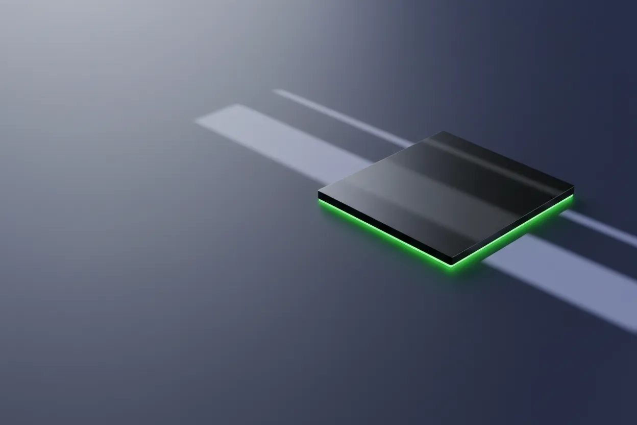 A dark server slab seen from above with a green light tracing its edge, on indigo.