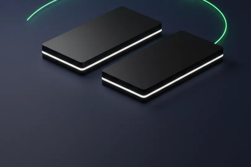 Two dark server slabs on indigo with a thin green line arcing from the left one to the right one.