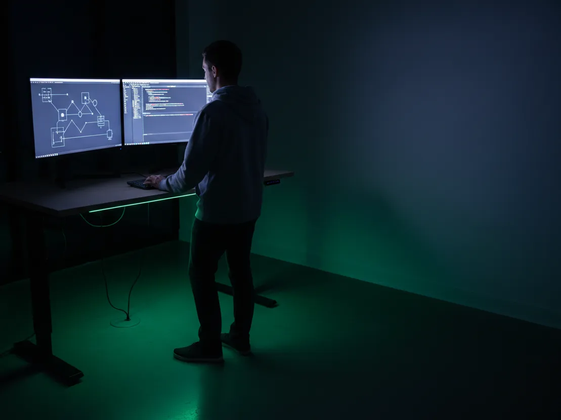 A builder at a standing desk with two monitors, a node-graph automation on one screen, night, indigo light.