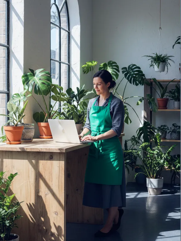 A shop owner behind her counter checking her website on a laptop, plants and daylight, a green apron.