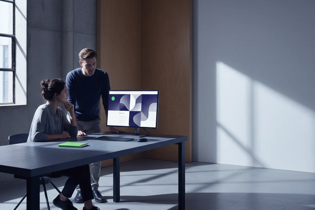 Two people in a small studio reviewing a website on a large monitor, one pointing, cool daylight.